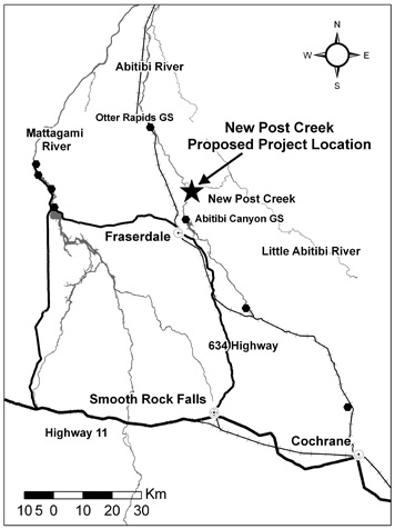 A map showing the location of the New Post Creek development project, on New Post Creek near its outlet on the Abitibi River.
