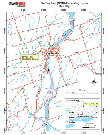 A map showing the location of Ranney Falls Generating Station near Campbellford, Ontario.