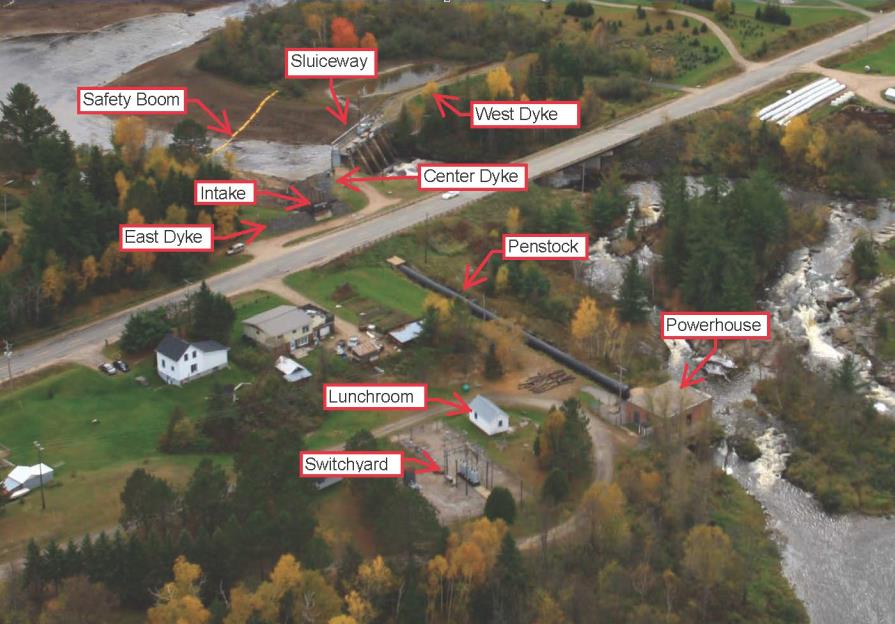 An aerial view of Bingham Chute Generating Station with labels on the station parts and buildings.